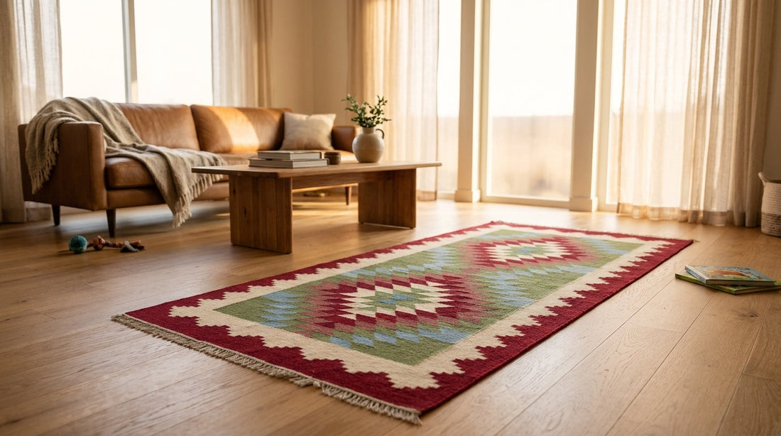 Red, green and pale blue kilim rug on an oak floor in a sunlit living room with a child's toy and picture books beside it.
