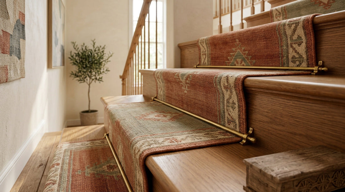 Red and sage kilim runner on oak stairs held in place by brass stair rods.