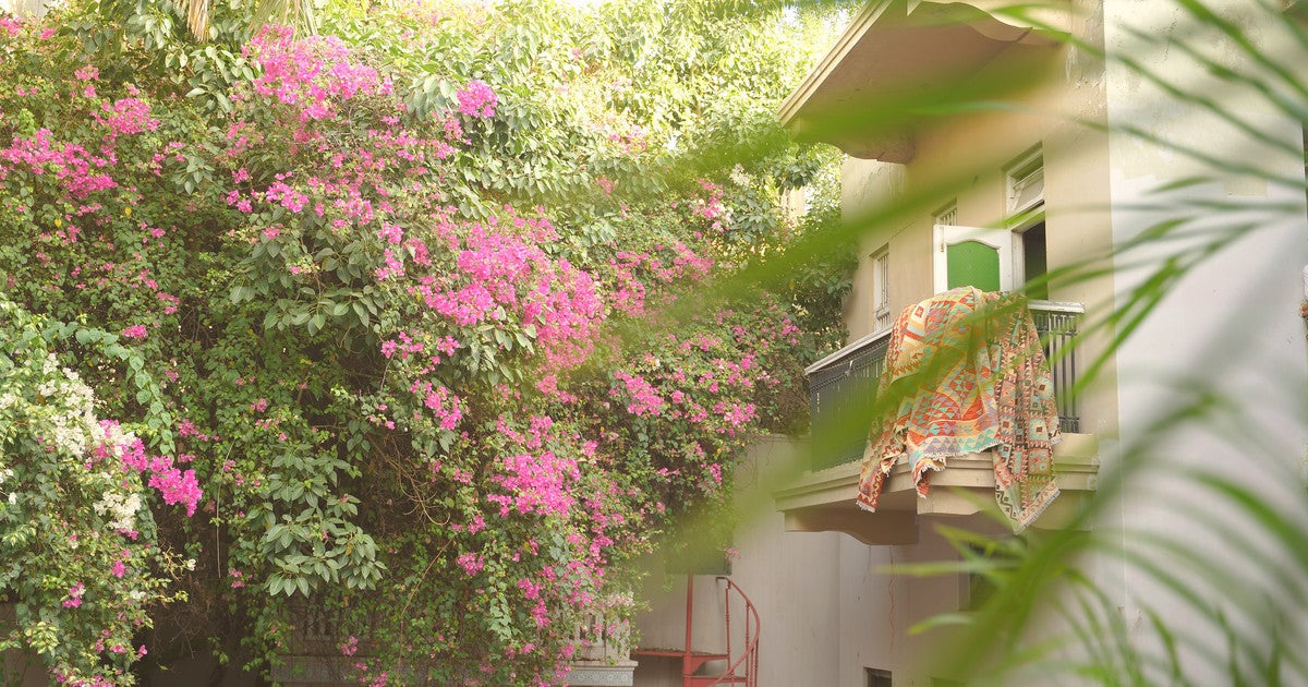 A handwoven Maimana kilim draped over a balcony rail, bougainvillea in bloom, warm daylight.