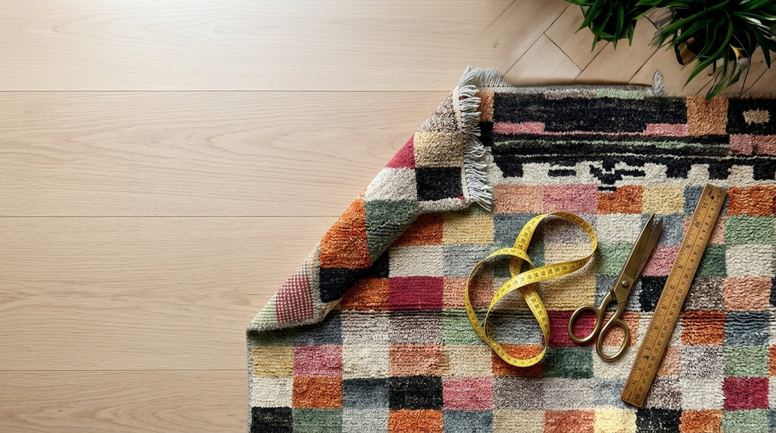Yellow tape measure, scissors and wooden ruler on a multicoloured block-pattern rug laid on a pale oak floor.