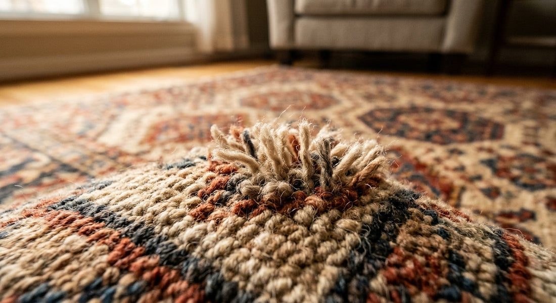 Close-up of loose wool fibres standing up from the pile of a patterned rug in a living room.