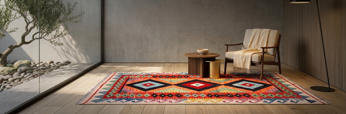 Orange, red and cream diamond-pattern flatweave kilim rug on a light oak floor beside a wooden armchair and side tables