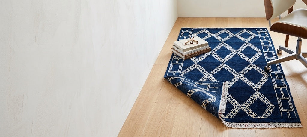 Navy and cream hand-knotted rug with diamond lattice on a light wood floor