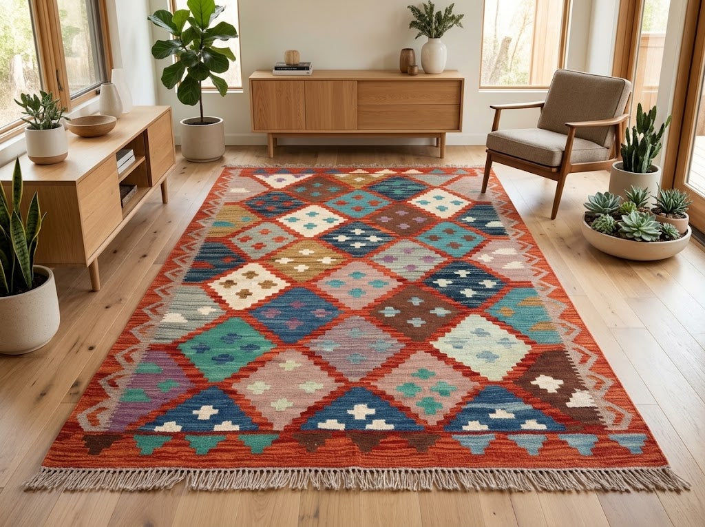 Multicoloured diamond-pattern kilim rug in a bright living room with oak furniture