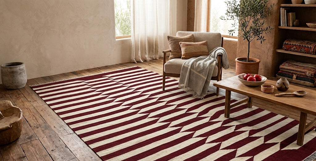 Red and cream striped kilim rug in a sunlit living room with an armchair and wooden coffee table