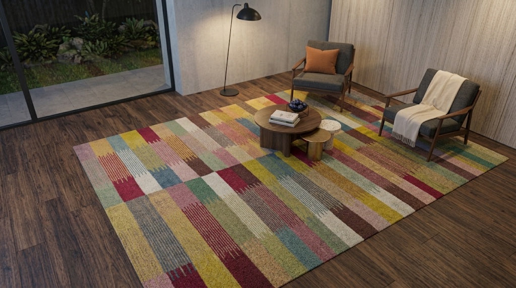 Multicolour patchwork stripe kilim rug seen from above in a living room with two armchairs and a round wooden coffee table