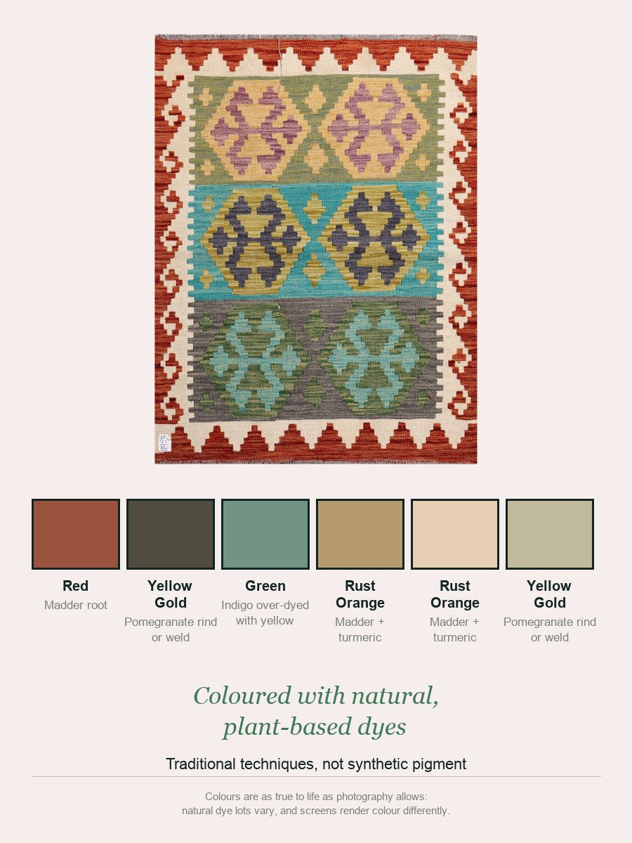 Maimana Kilim — natural plant-based dye colour palette