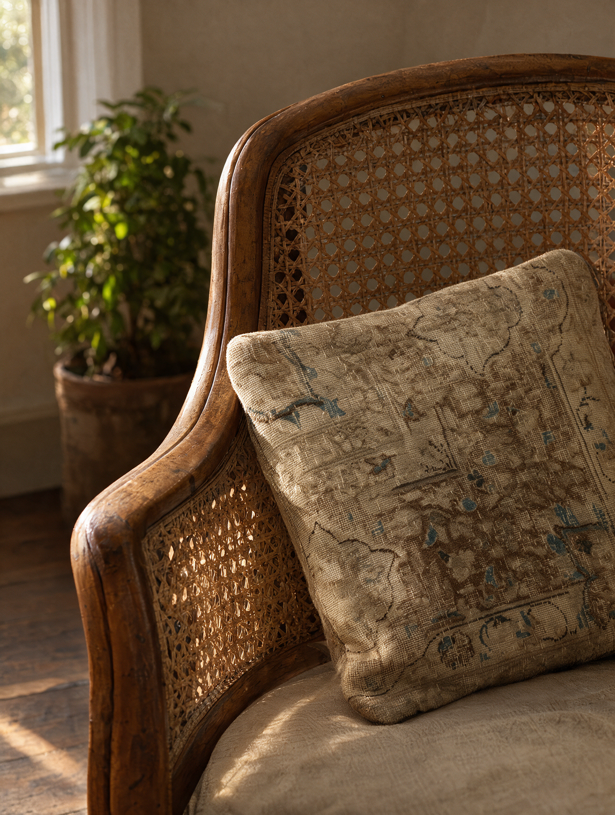 Vintage Persian hand-knotted cushion cover styled lifestyle shot