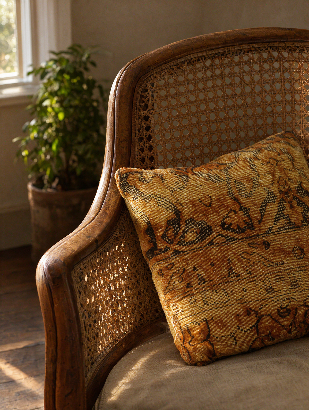 Vintage Persian hand-knotted cushion cover styled lifestyle shot