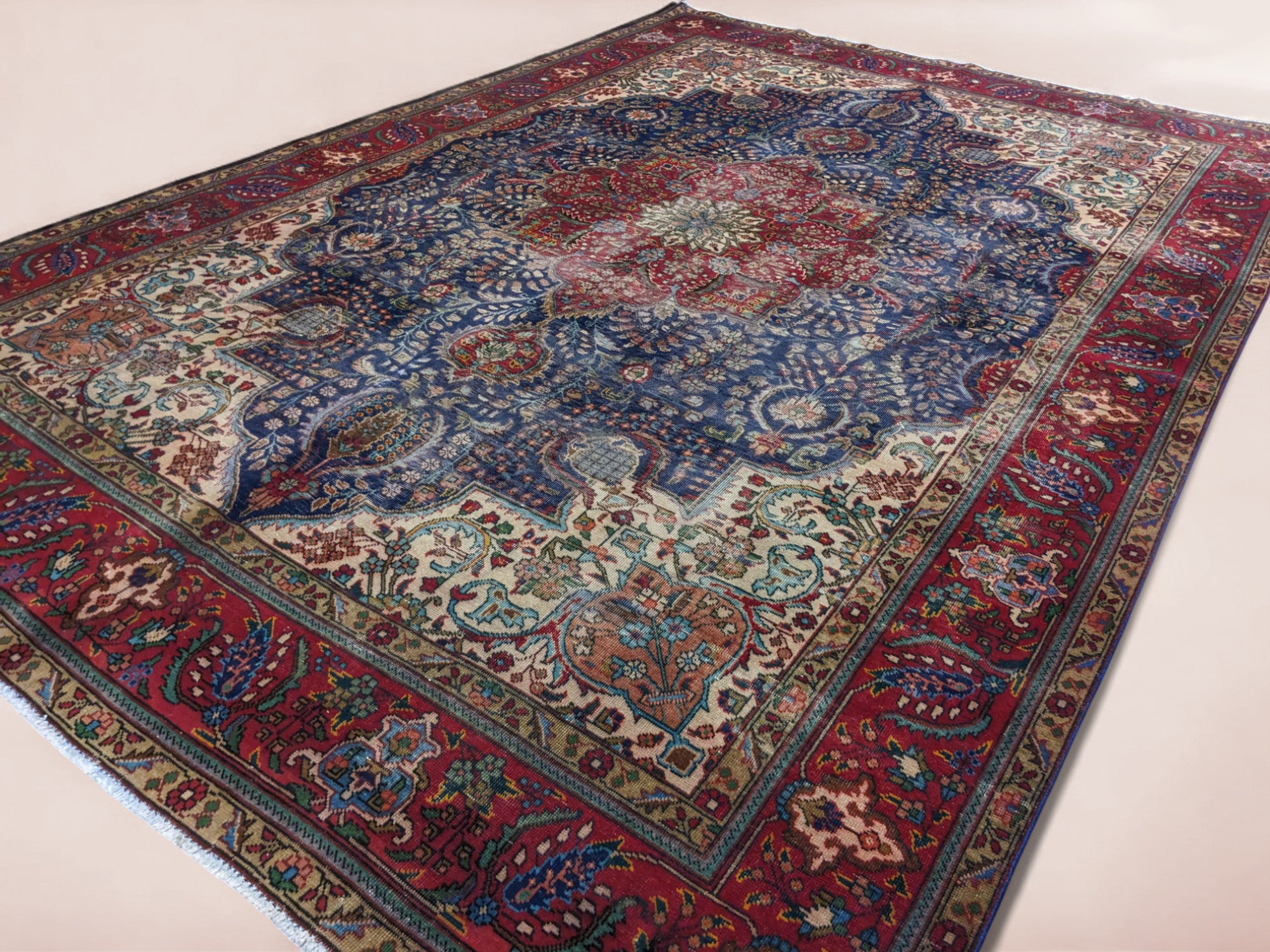 Tabriz - Vintage Persian Red & Blue Overdyed Hand Knotted Wool Rug | 351 x 247 cm