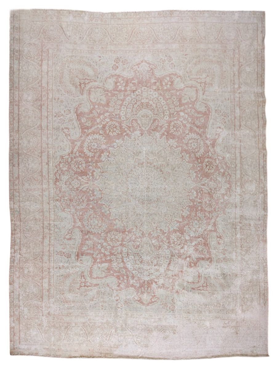 Nain – Vintage Persian Blush Pink & Ivory Overdyed Hand Knotted Wool Rug | 384 x 290 cm