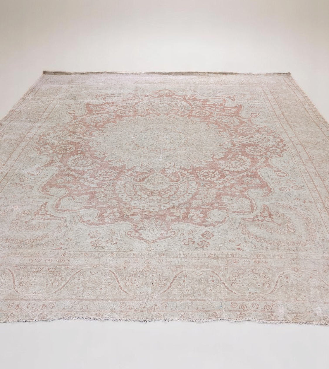 Nain – Vintage Persian Blush Pink & Ivory Overdyed Hand Knotted Wool Rug | 384 x 290 cm