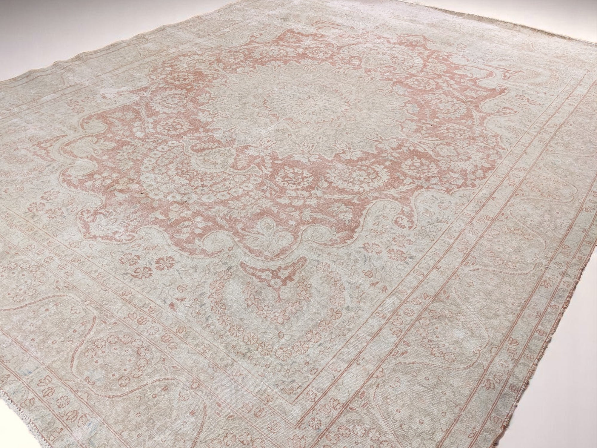Nain – Vintage Persian Blush Pink & Ivory Overdyed Hand Knotted Wool Rug | 384 x 290 cm