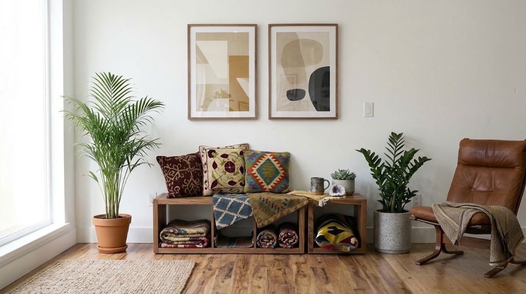 Kilim, Suzani and embroidered cushion covers on a wooden bench in a bright room with plants and a leather chair